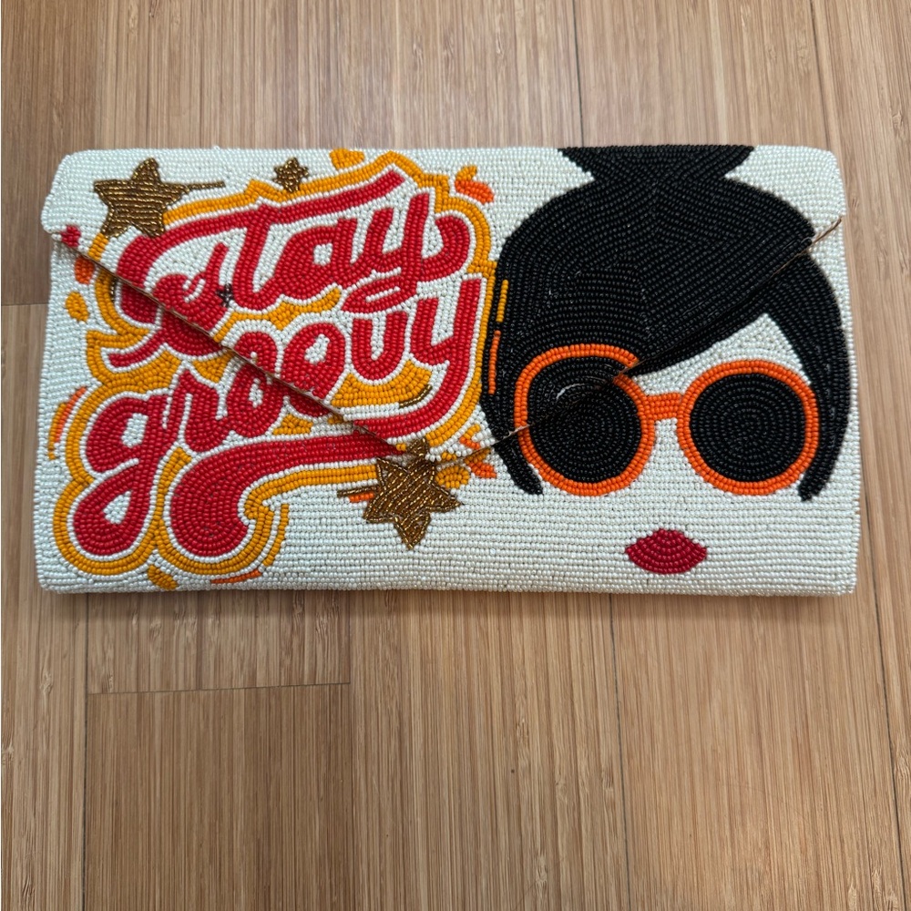 Chic Beaded Clutch with Retro Graphic
